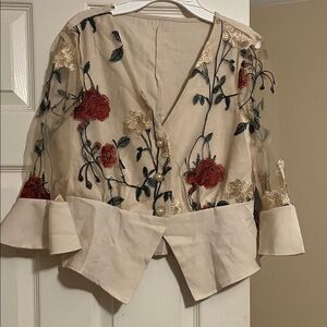 SHEIN Sheer Blouse with Red and Gold Floral Embroidery